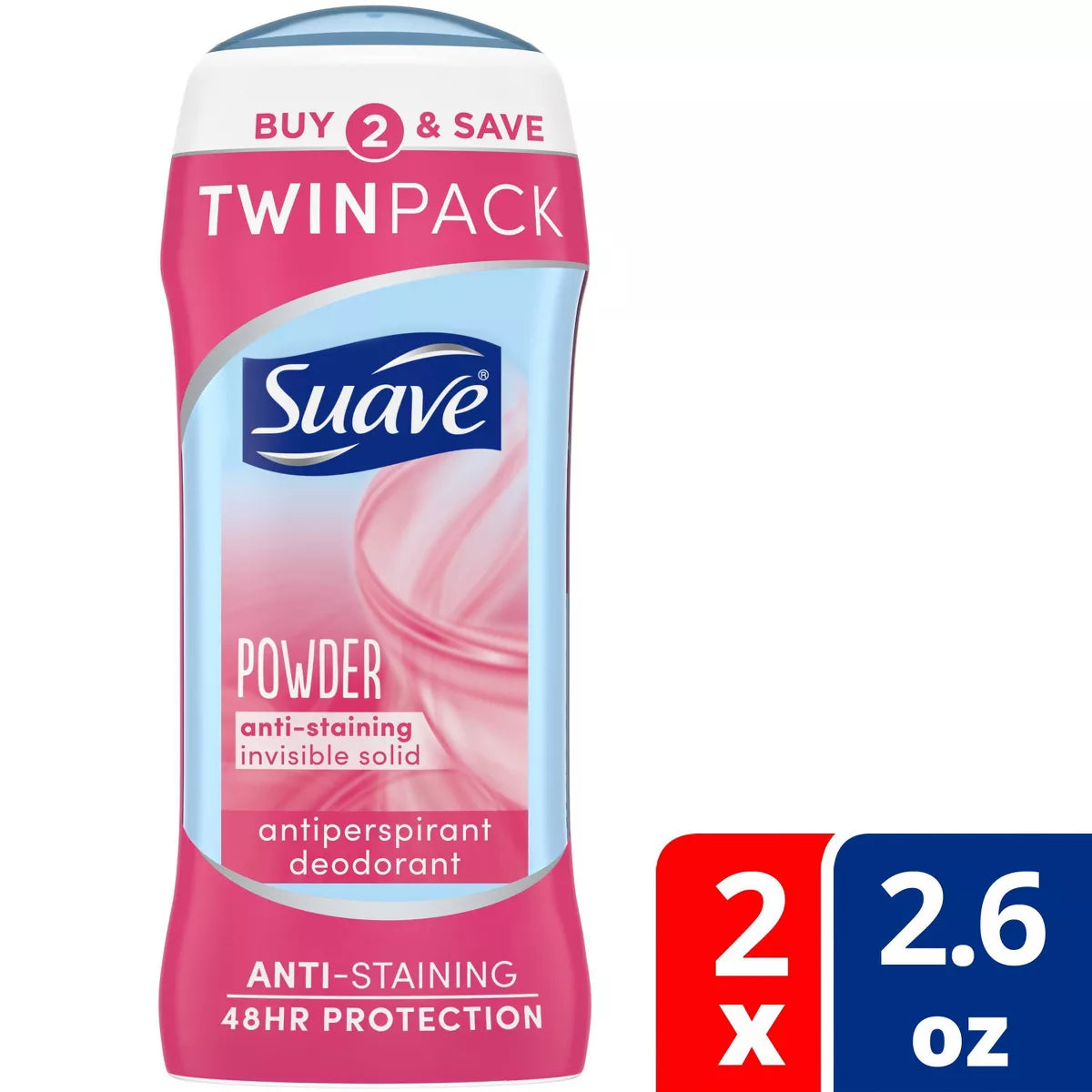 Suave Powder Anti-Staining Antiperspirant & Deodorant Stick – 48-Hour Protection, 2.6 oz (2-Pack)